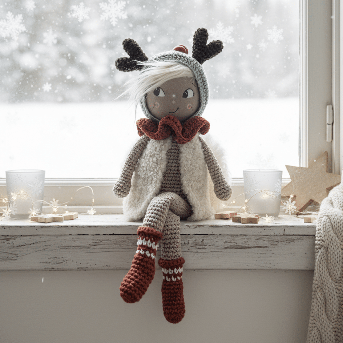 Le kit crochet Grand Renne Espiègle Anna B vous permet de créer un adorable renne de Noël au crochet, avec une tête cousue main et tous les accessoires inclus.